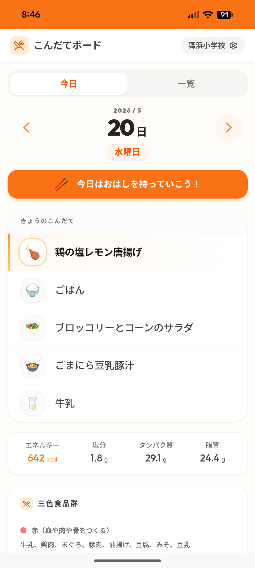 こんだてボードの献立表示画面