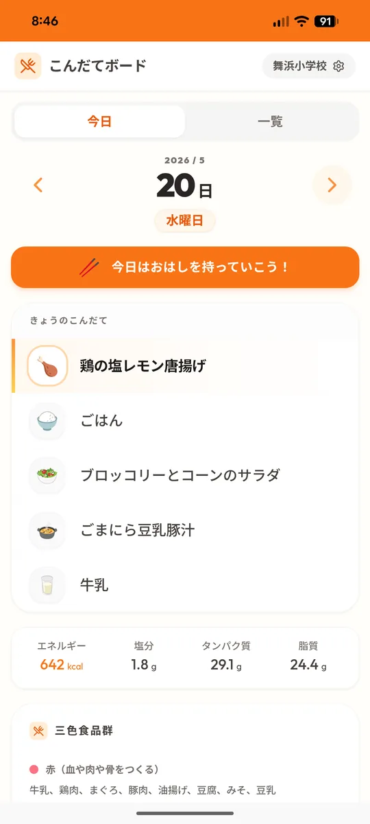こんだてボードの献立表示画面